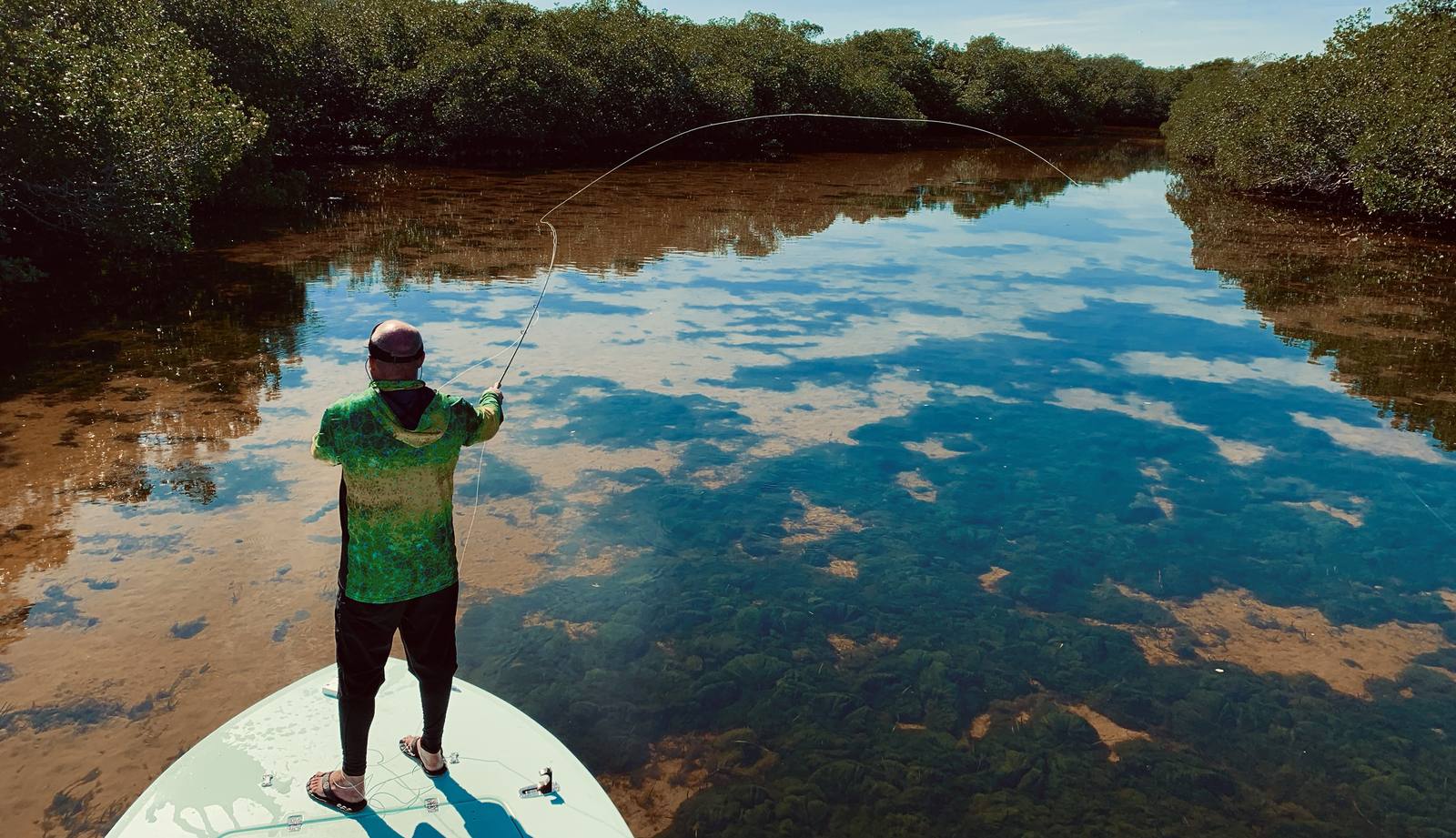 Casting a fly deep in a mirror-calm mangrove creek